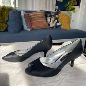 Vintage Retro Style Black Satin Peep Toe Kitten Heels